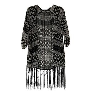 Express Boho Fringe Kimono‎ XS Black & White Tribal Print Lightweight 29" Length